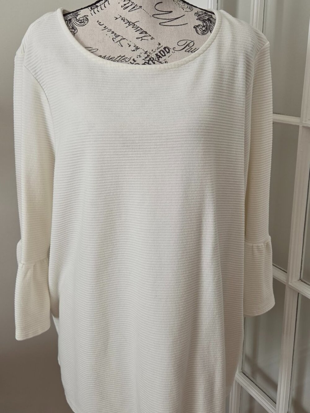 Kim Rogers XL Ivory Textured Bell Sleeve Tunic Top Cotton Blend